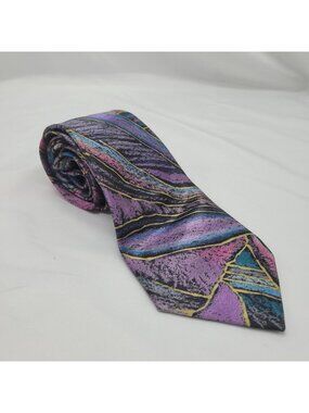 Mr. Mac Vintage Mens Tie Polyester Abstract Purple Blue Black Gold Made In USA